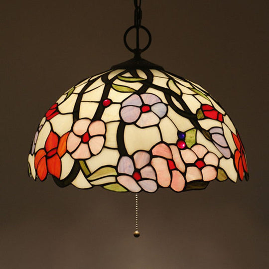 Artisan Glass Chandelier With Plant Pattern - Hand-Crafted Dome Design 3 Lights Black Mediterranean