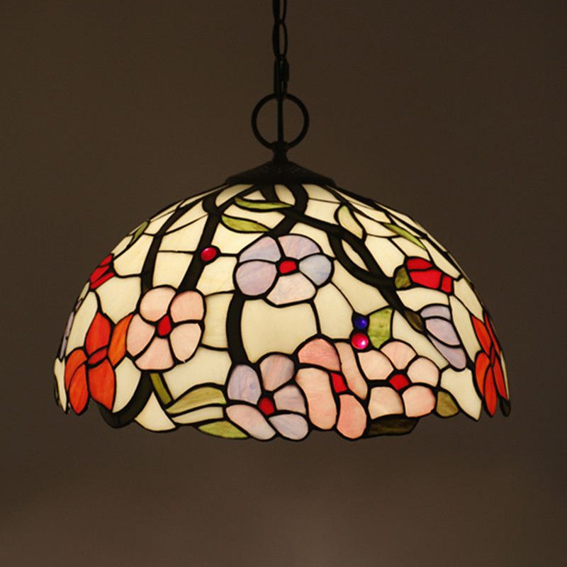 Artisan Glass Chandelier With Plant Pattern - Hand-Crafted Dome Design 3 Lights Black Mediterranean