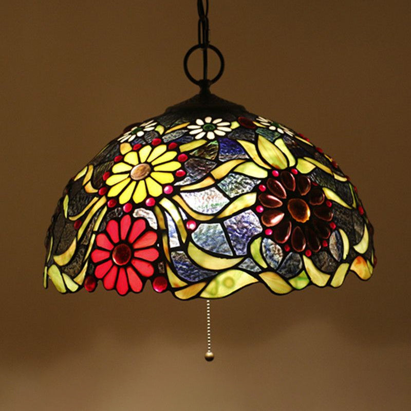 Artisan Glass Chandelier With Plant Pattern - Hand-Crafted Dome Design 3 Lights Black Mediterranean