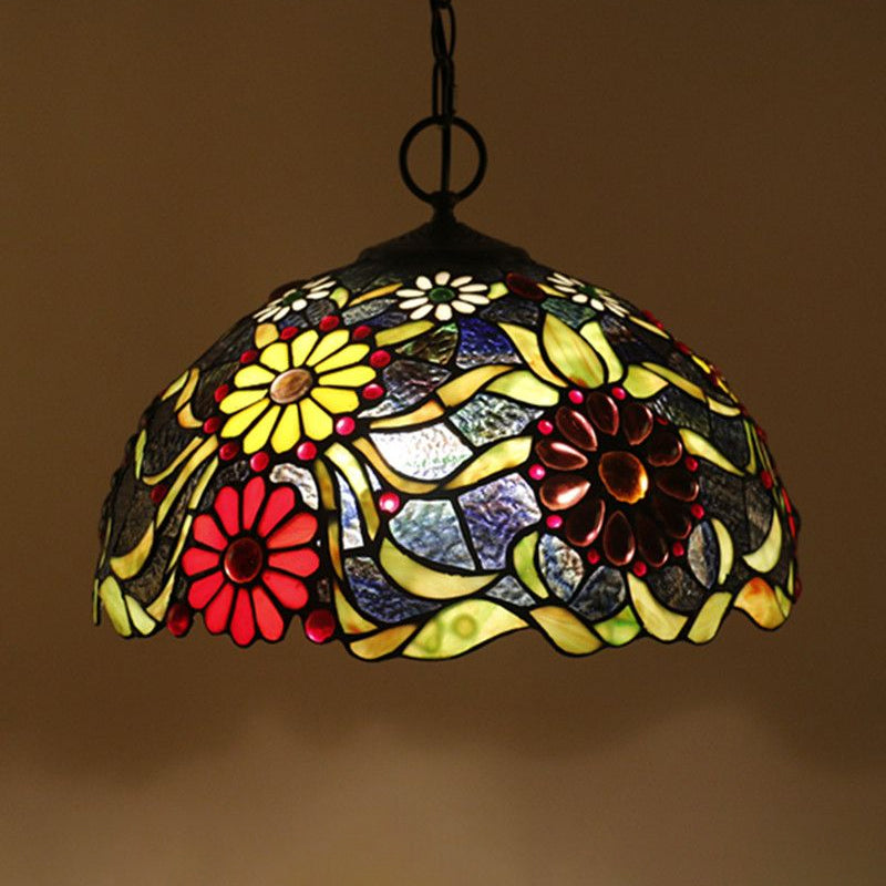 Artisan Glass Chandelier With Plant Pattern - Hand-Crafted Dome Design 3 Lights Black Mediterranean