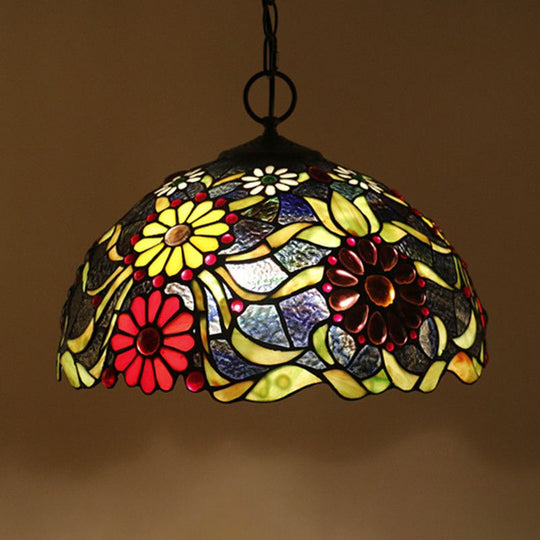 Artisan Glass Chandelier With Plant Pattern - Hand-Crafted Dome Design 3 Lights Black Mediterranean