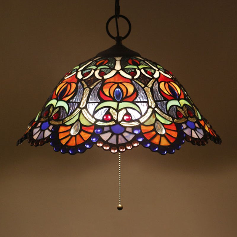 Artisan Glass Chandelier With Plant Pattern - Hand-Crafted Dome Design 3 Lights Black Mediterranean