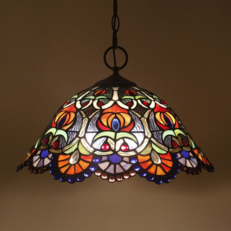 Artisan Glass Chandelier With Plant Pattern - Hand-Crafted Dome Design 3 Lights Black Mediterranean