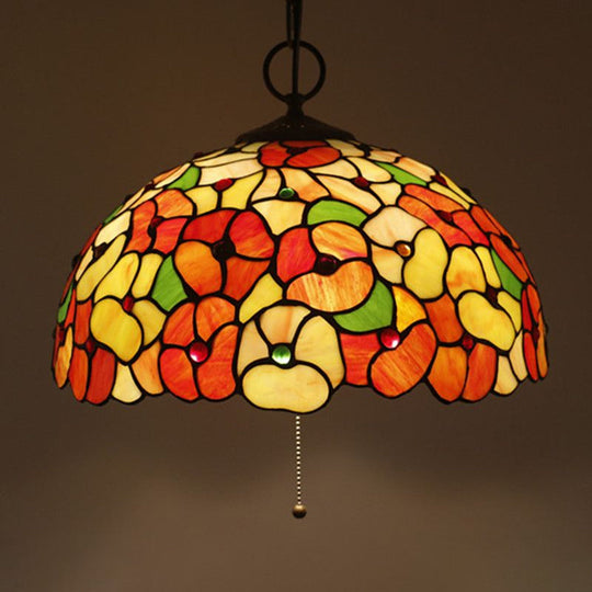 Artisan Glass Chandelier With Plant Pattern - Hand-Crafted Dome Design 3 Lights Black Mediterranean