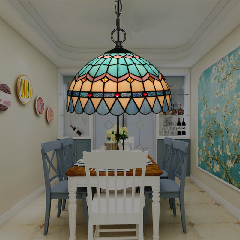 Tiffany Stained Glass Pendant Light - Lattice Bowl Design, 1-Light Blue Suspension Lamp for Dining Room