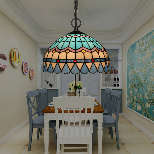 Tiffany Stained Glass Pendant Light - Lattice Bowl Design, 1-Light Blue Suspension Lamp for Dining Room