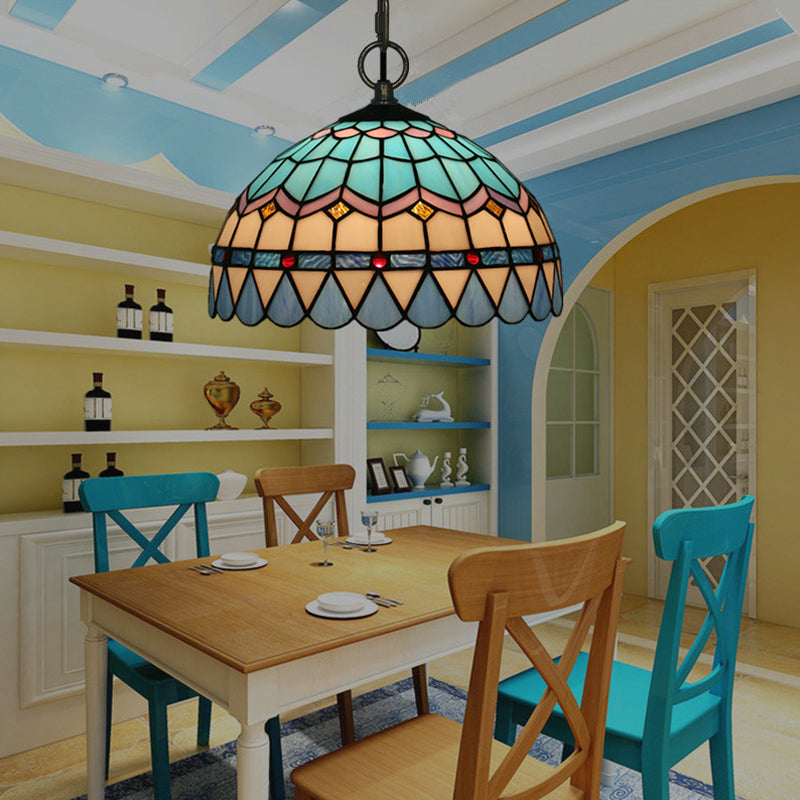 Tiffany Stained Glass Suspension Lamp: Lattice Bowl Pendulum Light - 1-Light Blue For Dining Room