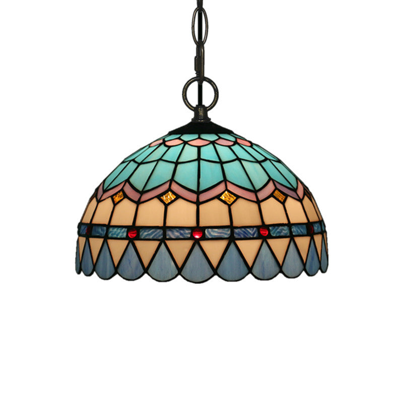 Tiffany Stained Glass Pendant Light - Lattice Bowl Design, 1-Light Blue Suspension Lamp for Dining Room