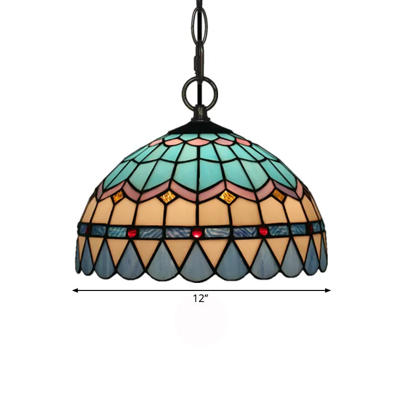 Tiffany Stained Glass Pendant Light - Lattice Bowl Design, 1-Light Blue Suspension Lamp for Dining Room