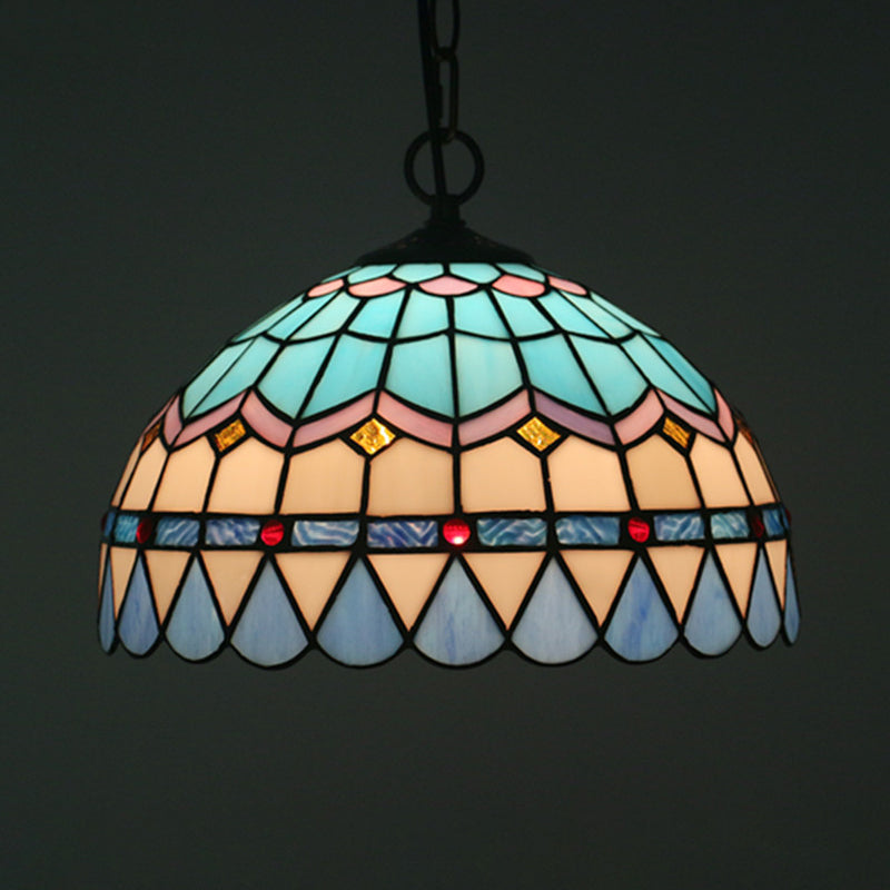 Tiffany Stained Glass Pendant Light - Lattice Bowl Design, 1-Light Blue Suspension Lamp for Dining Room