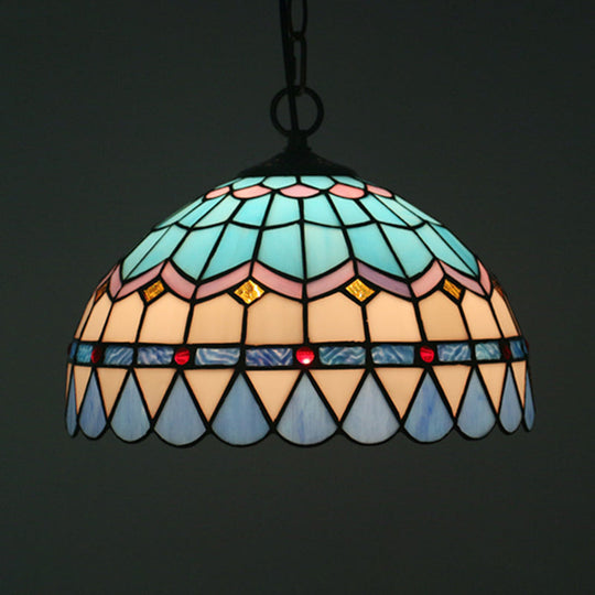 Tiffany Stained Glass Pendant Light - Lattice Bowl Design, 1-Light Blue Suspension Lamp for Dining Room