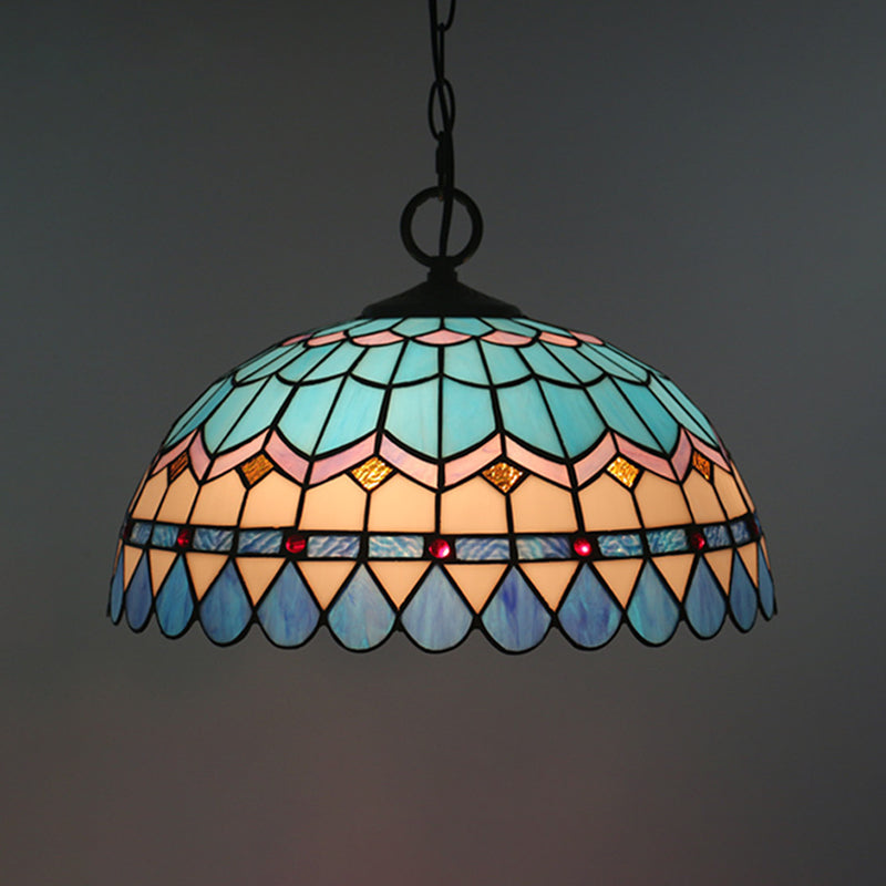 Tiffany Stained Glass Pendant Light - Lattice Bowl Design, 1-Light Blue Suspension Lamp for Dining Room