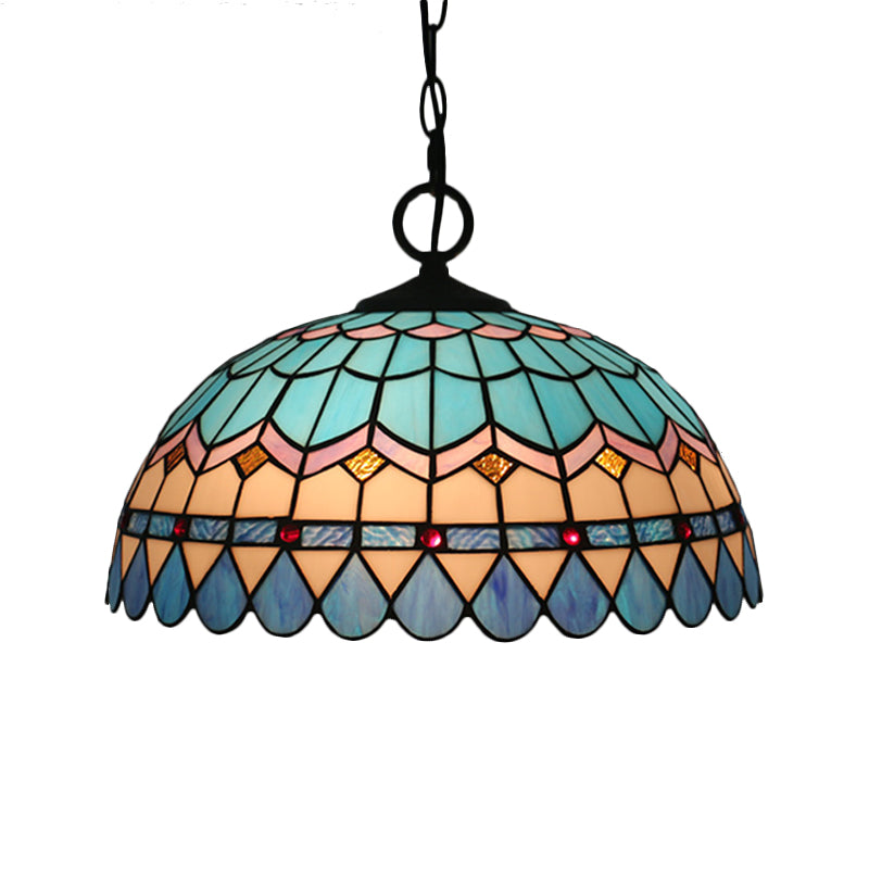 Tiffany Stained Glass Suspension Lamp: Lattice Bowl Pendulum Light - 1-Light Blue For Dining Room