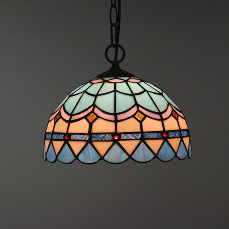 Tiffany Stained Glass Pendant Light - Lattice Bowl Design, 1-Light Blue Suspension Lamp for Dining Room