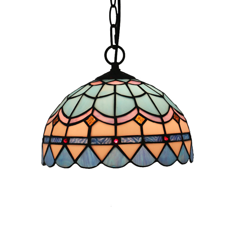 Tiffany Stained Glass Pendant Light - Lattice Bowl Design, 1-Light Blue Suspension Lamp for Dining Room