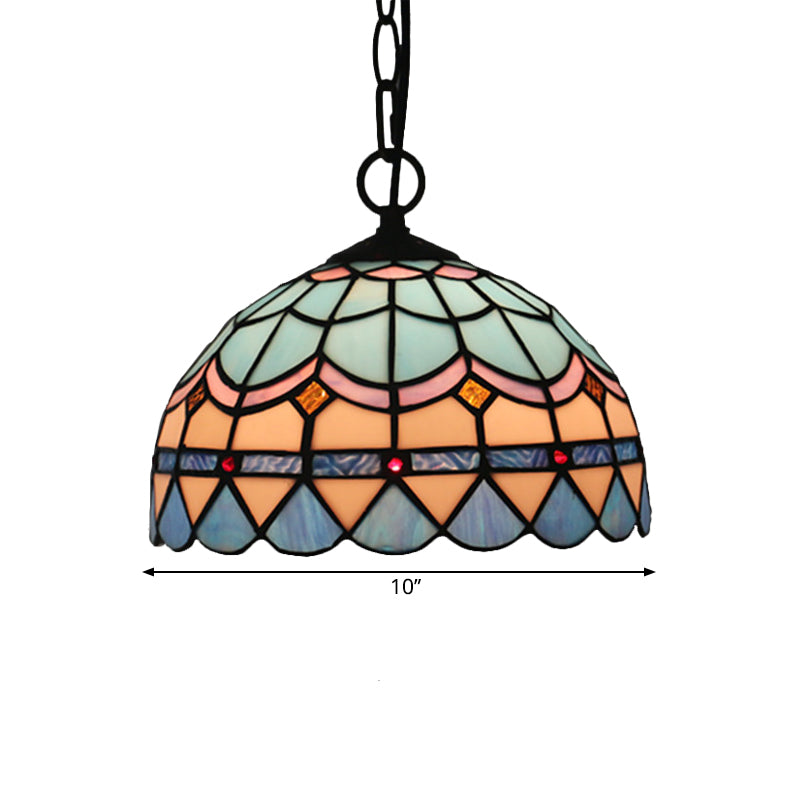 Tiffany Stained Glass Pendant Light - Lattice Bowl Design, 1-Light Blue Suspension Lamp for Dining Room