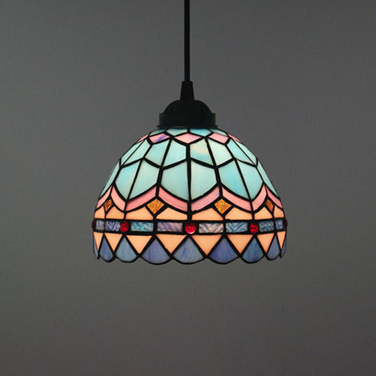 Tiffany Stained Glass Pendant Light - Lattice Bowl Design, 1-Light Blue Suspension Lamp for Dining Room