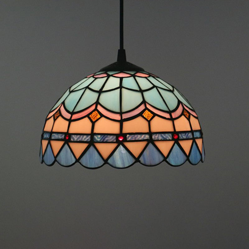 Tiffany Stained Glass Pendant Light - Lattice Bowl Design, 1-Light Blue Suspension Lamp for Dining Room