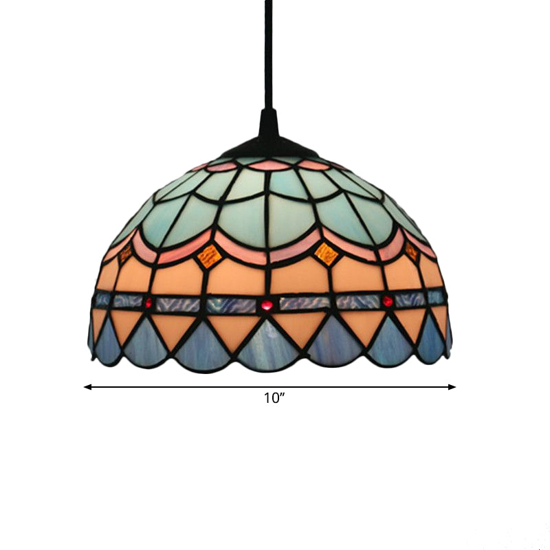 Tiffany Stained Glass Pendant Light - Lattice Bowl Design, 1-Light Blue Suspension Lamp for Dining Room