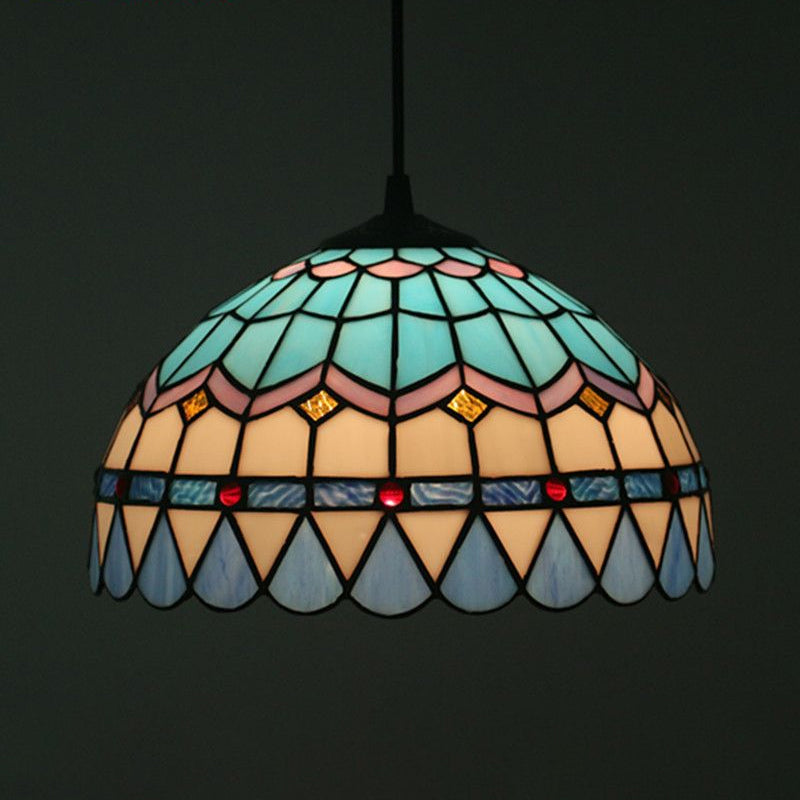 Tiffany Stained Glass Pendant Light - Lattice Bowl Design, 1-Light Blue Suspension Lamp for Dining Room