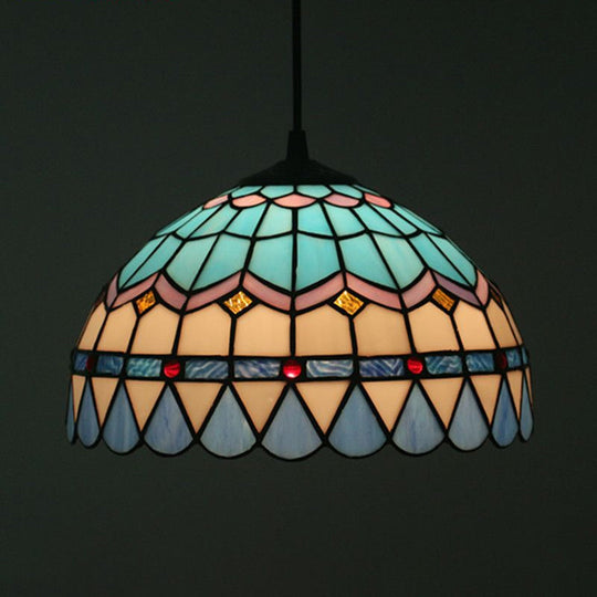 Tiffany Stained Glass Pendant Light - Lattice Bowl Design, 1-Light Blue Suspension Lamp for Dining Room