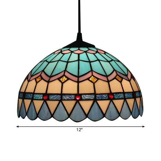 Tiffany Stained Glass Pendant Light - Lattice Bowl Design, 1-Light Blue Suspension Lamp for Dining Room