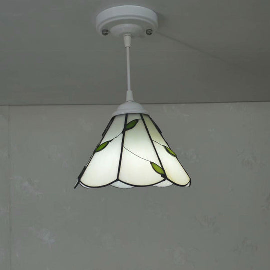 Bronze Leaf Patterned Pendant Lamp: White Glass Cone Hanging Light Kit With Scalloped Trim