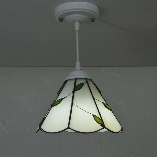 White Glass Cone Hanging Light Kit - Mission 1-Light Pendant Lamp with Bronze Leaf Pattern and Scalloped Trim