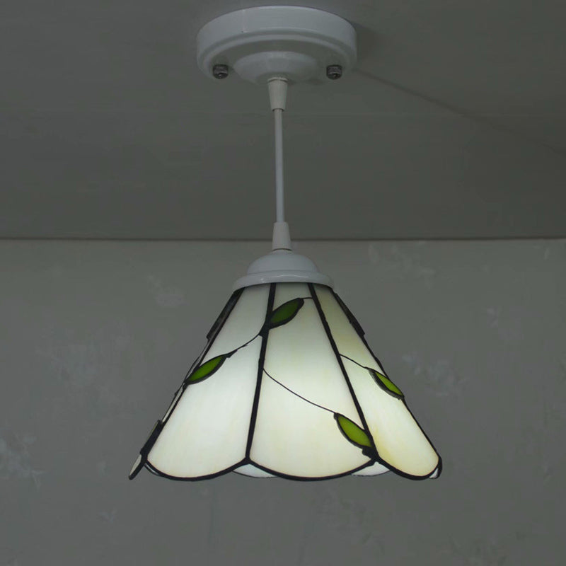 Bronze Leaf Patterned Pendant Lamp: White Glass Cone Hanging Light Kit With Scalloped Trim