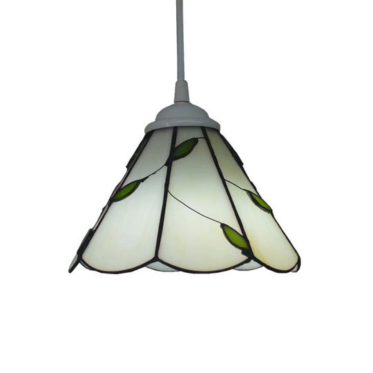 White Glass Cone Hanging Light Kit - Mission 1-Light Pendant Lamp with Bronze Leaf Pattern and Scalloped Trim