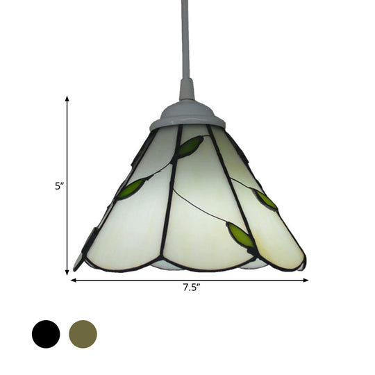 White Glass Cone Hanging Light Kit - Mission 1-Light Pendant Lamp with Bronze Leaf Pattern and Scalloped Trim