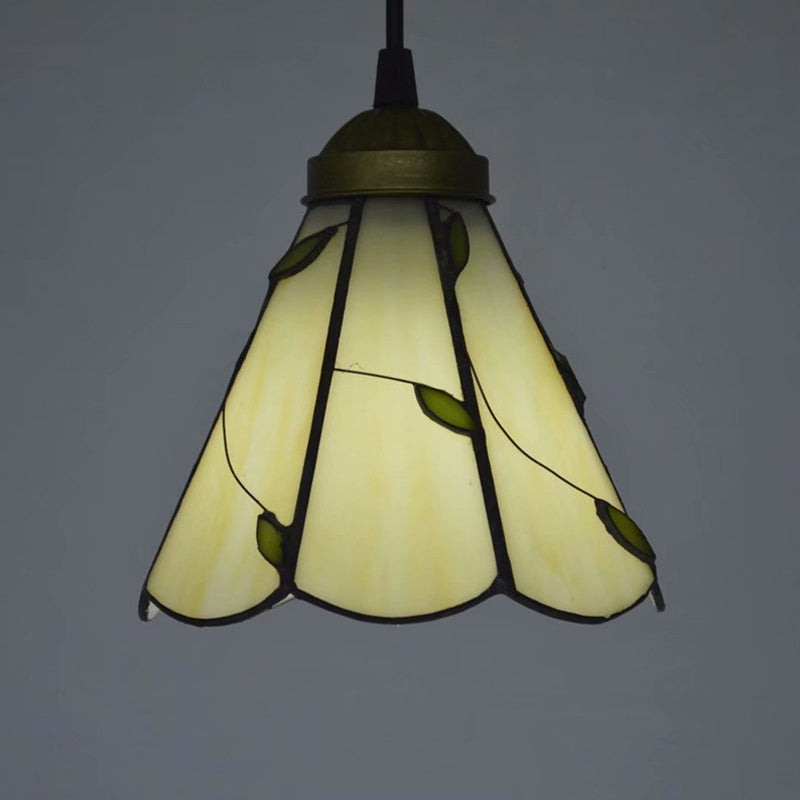 Bronze Leaf Patterned Pendant Lamp: White Glass Cone Hanging Light Kit With Scalloped Trim