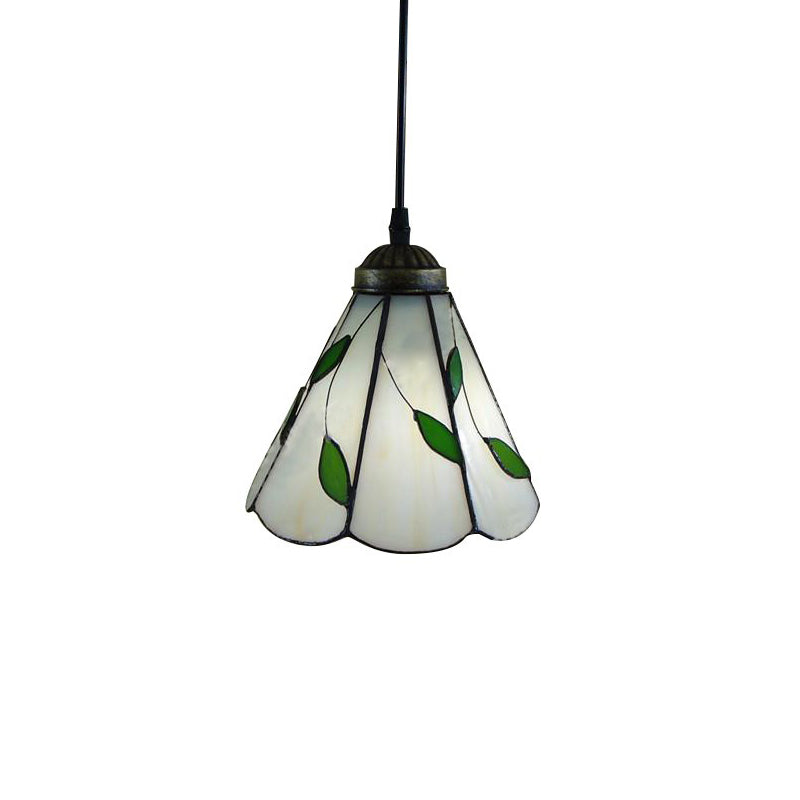 Bronze Leaf Patterned Pendant Lamp: White Glass Cone Hanging Light Kit With Scalloped Trim