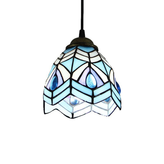 Baroque Handcrafted Stained Glass Brass Pendant Light Blue