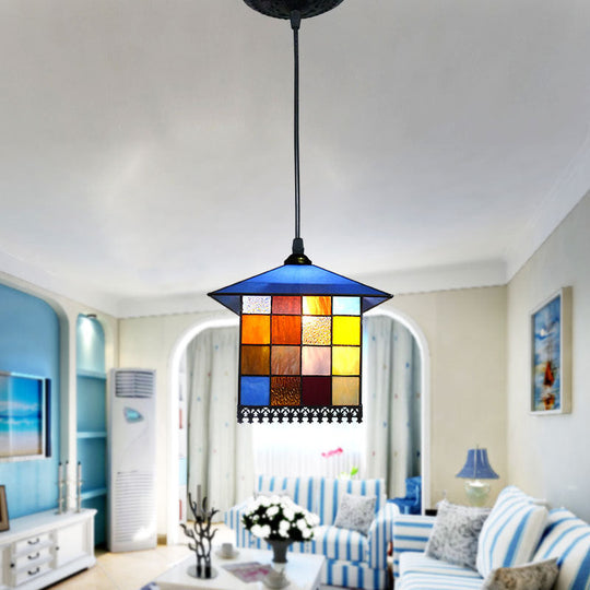 Mediterranean Blue Stained Glass House Shaped Pendant Ceiling Light - 1-Light Suspension Lighting