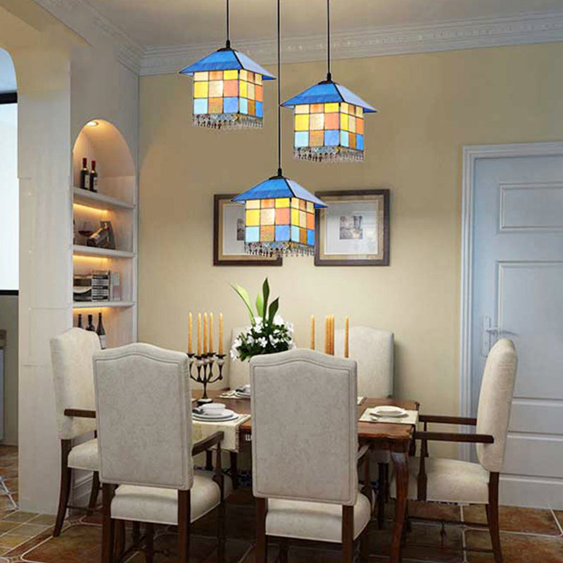 Mediterranean Blue Stained Glass House Shaped Pendant Ceiling Light - 1-Light Suspension Lighting