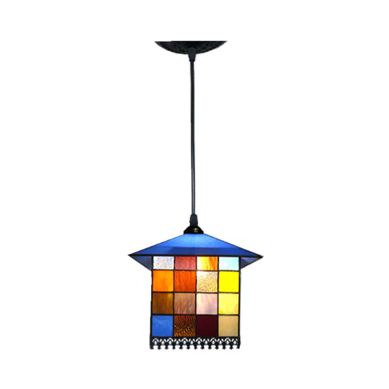 Mediterranean Blue Stained Glass House Shaped Pendant Ceiling Light - 1-Light Suspension Lighting