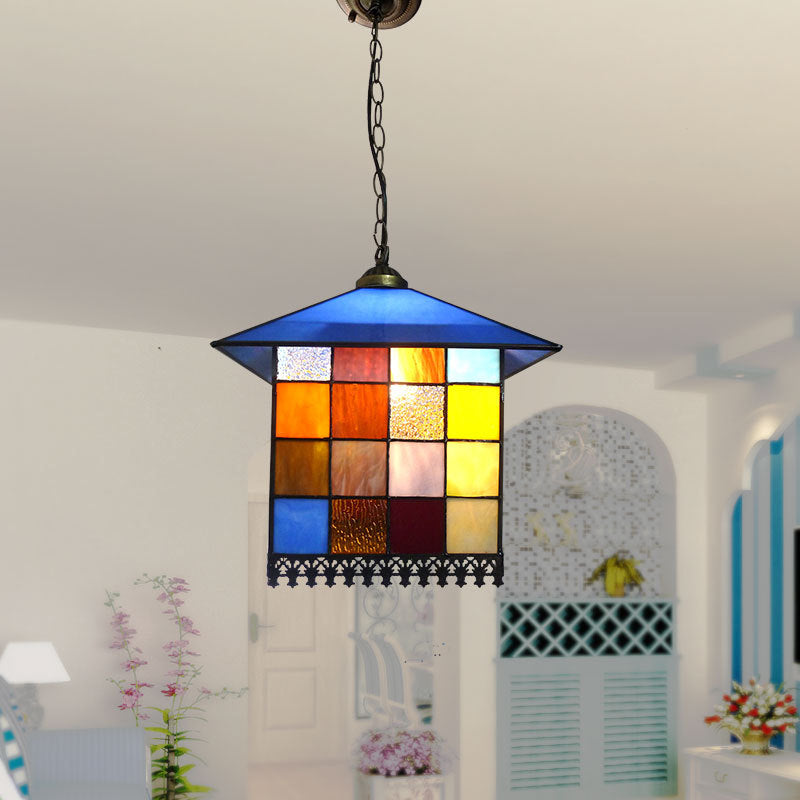 Mediterranean Blue Stained Glass House Pendant Light Fixture / Chain