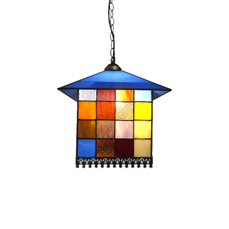 Mediterranean Blue Stained Glass House Shaped Pendant Ceiling Light - 1-Light Suspension Lighting