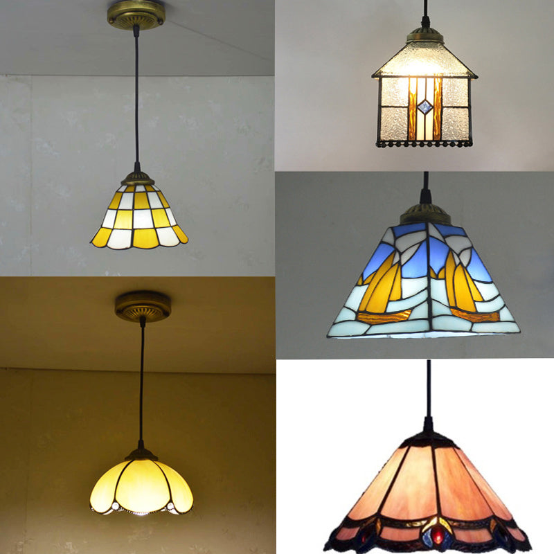 Mission Geometry Hand Cut Glass Pendant Light Fixture In Bronze