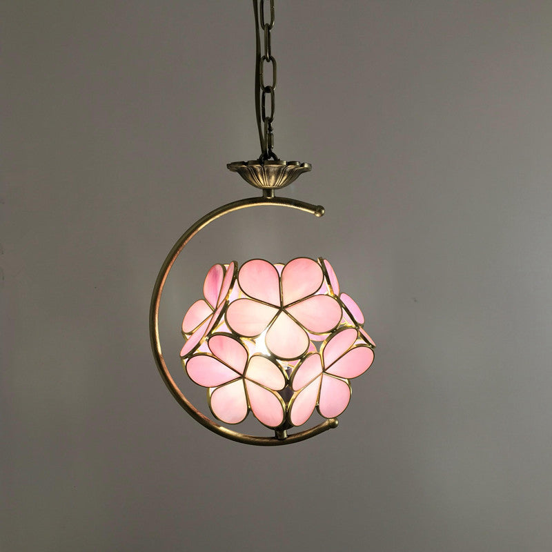 Bronze Pendant Light Kit With Baroque Metal C-Frame And Cut Glass Shade Pink