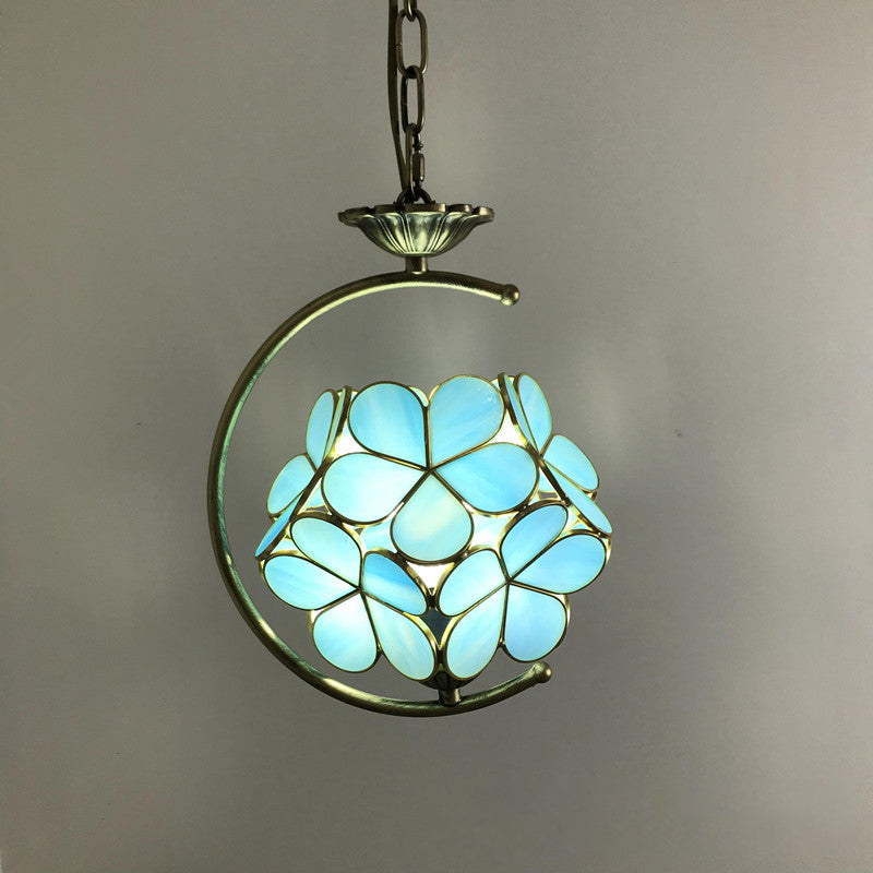 Bronze C-Frame Pendant Light with Geometric Cut Glass Shade