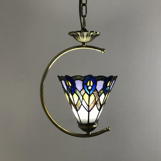 Bronze C-Frame Pendant Light with Geometric Cut Glass Shade