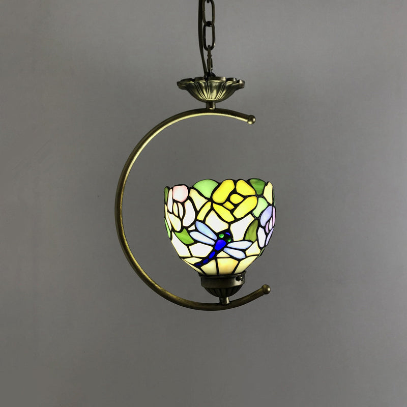 Bronze Pendant Light Kit With Baroque Metal C-Frame And Cut Glass Shade Yellow-Green