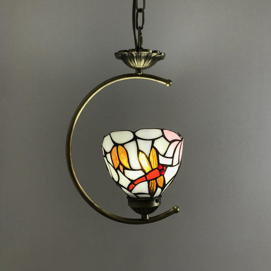 Bronze Pendant Light Kit With Baroque Metal C-Frame And Cut Glass Shade White