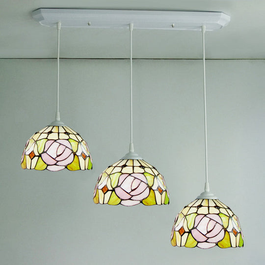 Victorian Dome Stained Glass Pendulum Light with White Rose Pattern - 3-Head Cluster Pendant for Dining Room