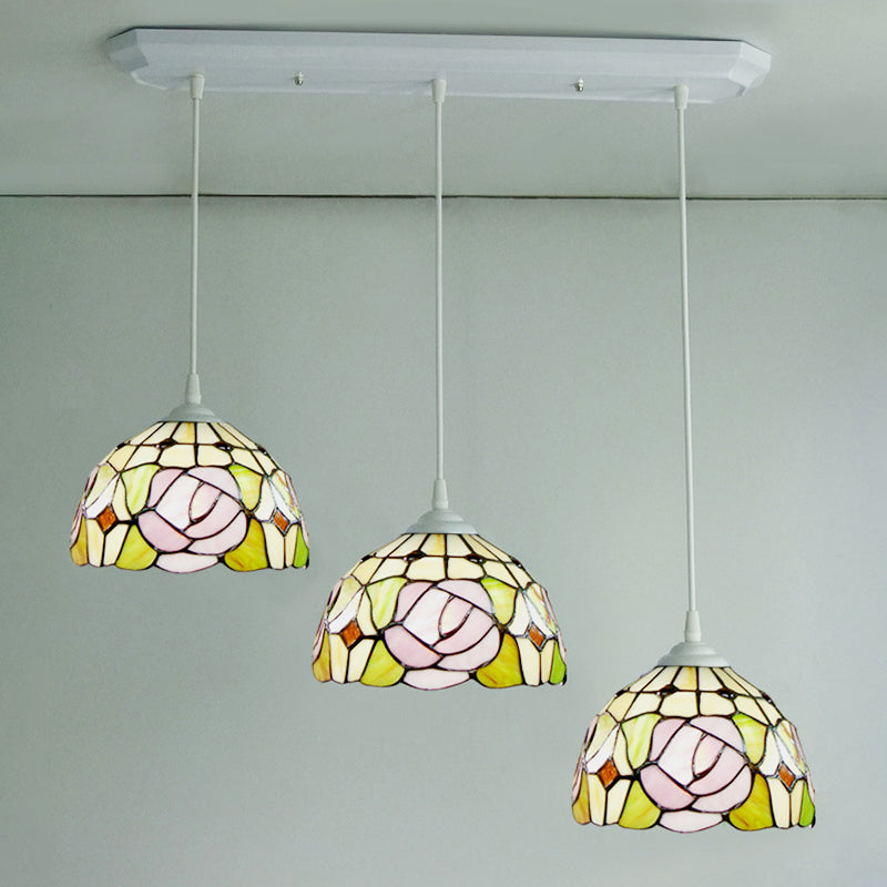 Victorian Stained Glass Pendant Light With Dome Design - White Rose Patterned Cluster Hanging Lamp