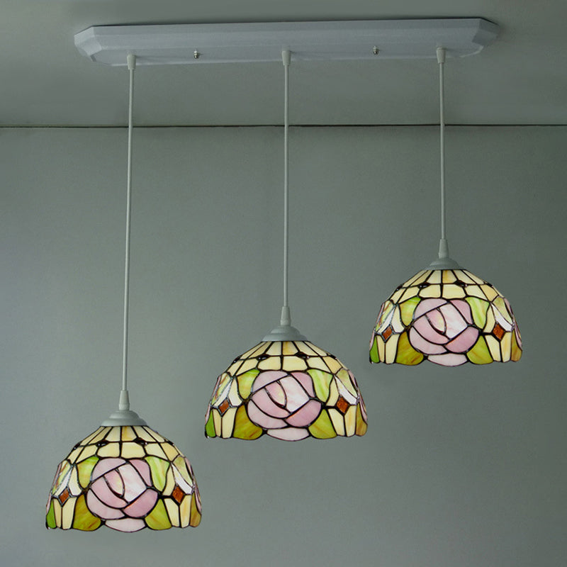 Victorian Stained Glass Pendant Light With Dome Design - White Rose Patterned Cluster Hanging Lamp