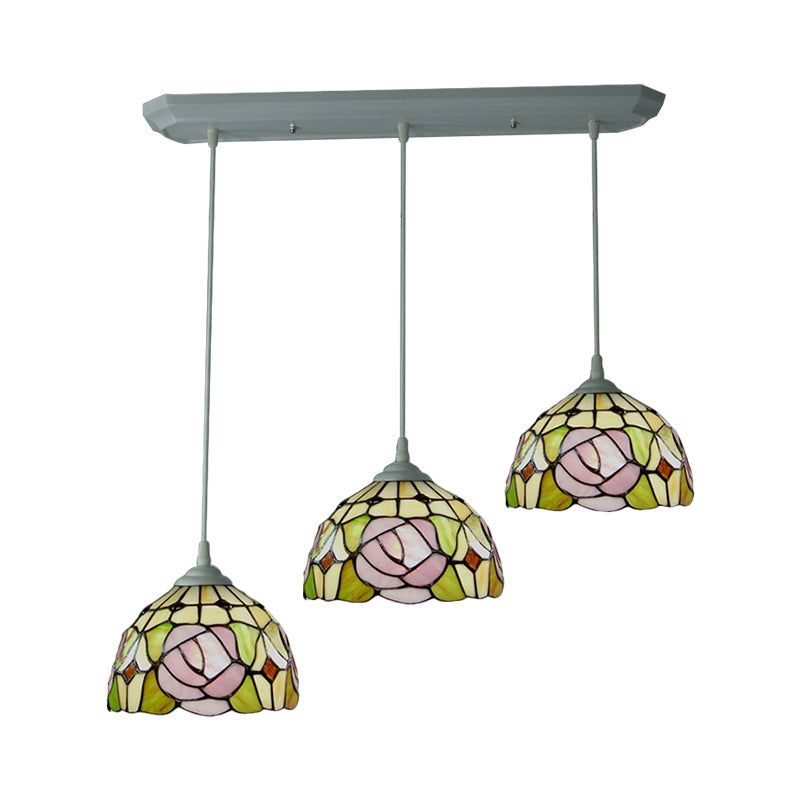 Victorian Dome Stained Glass Pendulum Light with White Rose Pattern - 3-Head Cluster Pendant for Dining Room