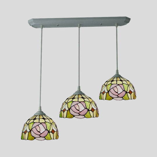 Victorian Dome Stained Glass Pendulum Light with White Rose Pattern - 3-Head Cluster Pendant for Dining Room